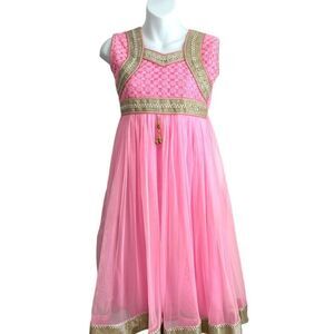 Bubblegum Pink Floral Embroidered Embellished Gold Cutout Back Chiffon Dress